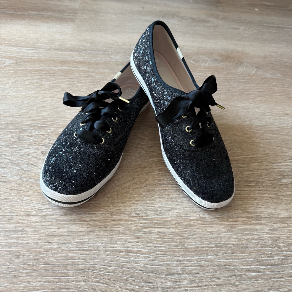Kate Spade Keds Champion Women's Black Glitter Sneakers‎ Size 9 Ribbon Laces